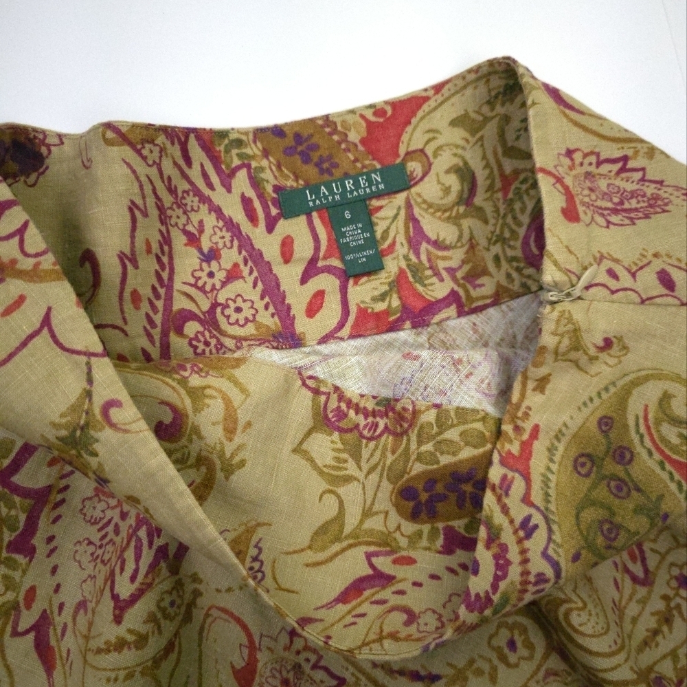 Lauren Ralph Lauren Paisley A-line Linen Skirt in Tan Skirt Sz 6 - Picture 5 of 6